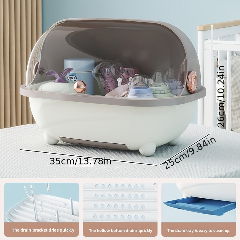 A Feeding Essentials Bottle Storage Box with Lid, a Countertop Storage Box with a Drain Rack, Suitable for Draining and Bottles and Nipples, Utensils, and Food Supplements, Feeding Storage | Transparent Storage Box | Detachable Draining Tray