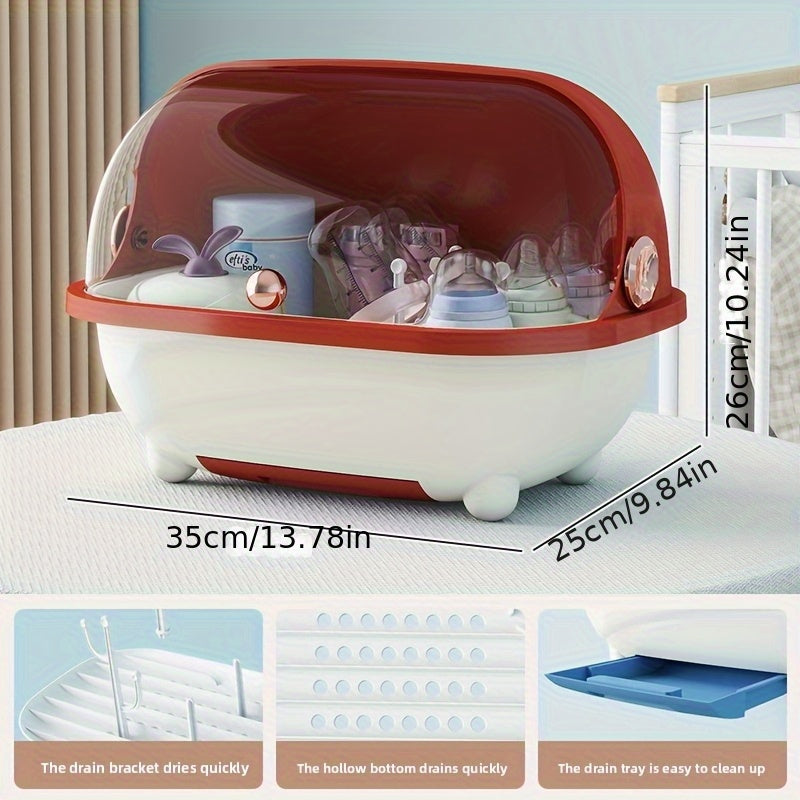A Feeding Essentials Bottle Storage Box with Lid, a Countertop Storage Box with a Drain Rack, Suitable for Draining and Bottles and Nipples, Utensils, and Food Supplements, Feeding Storage | Transparent Storage Box | Detachable Draining Tray