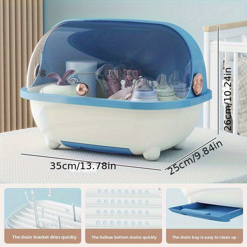 A Feeding Essentials Bottle Storage Box with Lid, a Countertop Storage Box with a Drain Rack, Suitable for Draining and Bottles and Nipples, Utensils, and Food Supplements, Feeding Storage | Transparent Storage Box | Detachable Draining Tray