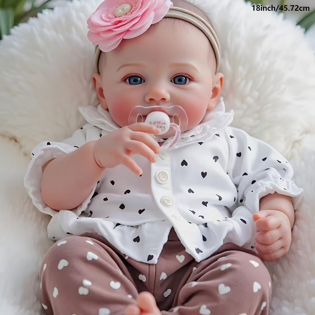 18-inch Realistic Vinyl Little Heart Print Top Meadow Handmade Open-Eyed Reborn Doll, Cloth Body Simulation Doll, Hand-Painted Hair, Companion Collectible Toy, Ideal Easter\u002F\u002FBirthday Gift Collection (Includes Random Pacifier, Bottle, and Diaper)