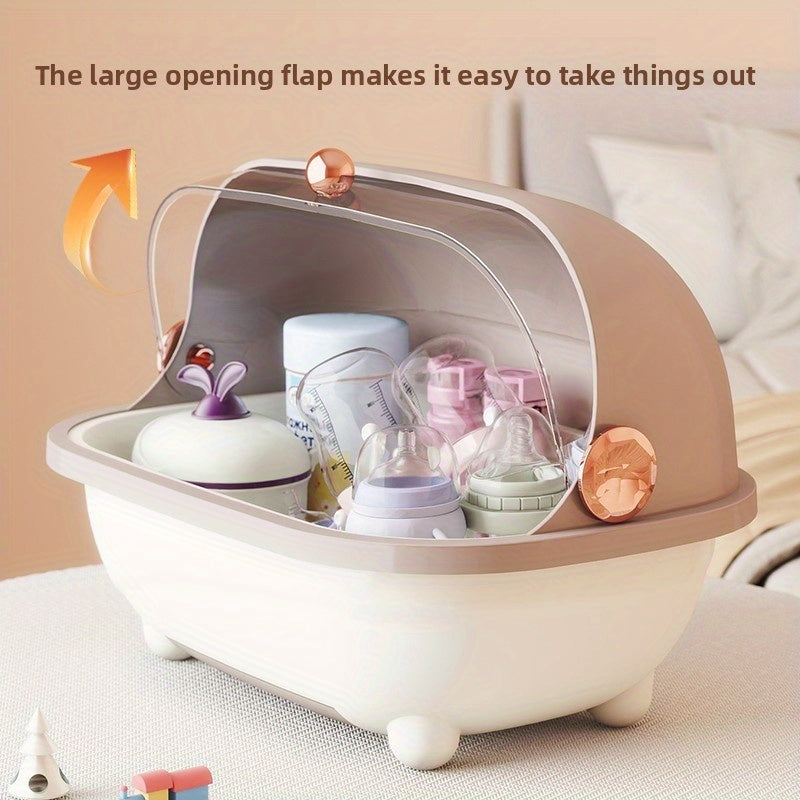 A Feeding Essentials Bottle Storage Box with Lid, a Countertop Storage Box with a Drain Rack, Suitable for Draining and Bottles and Nipples, Utensils, and Food Supplements, Feeding Storage | Transparent Storage Box | Detachable Draining Tray
