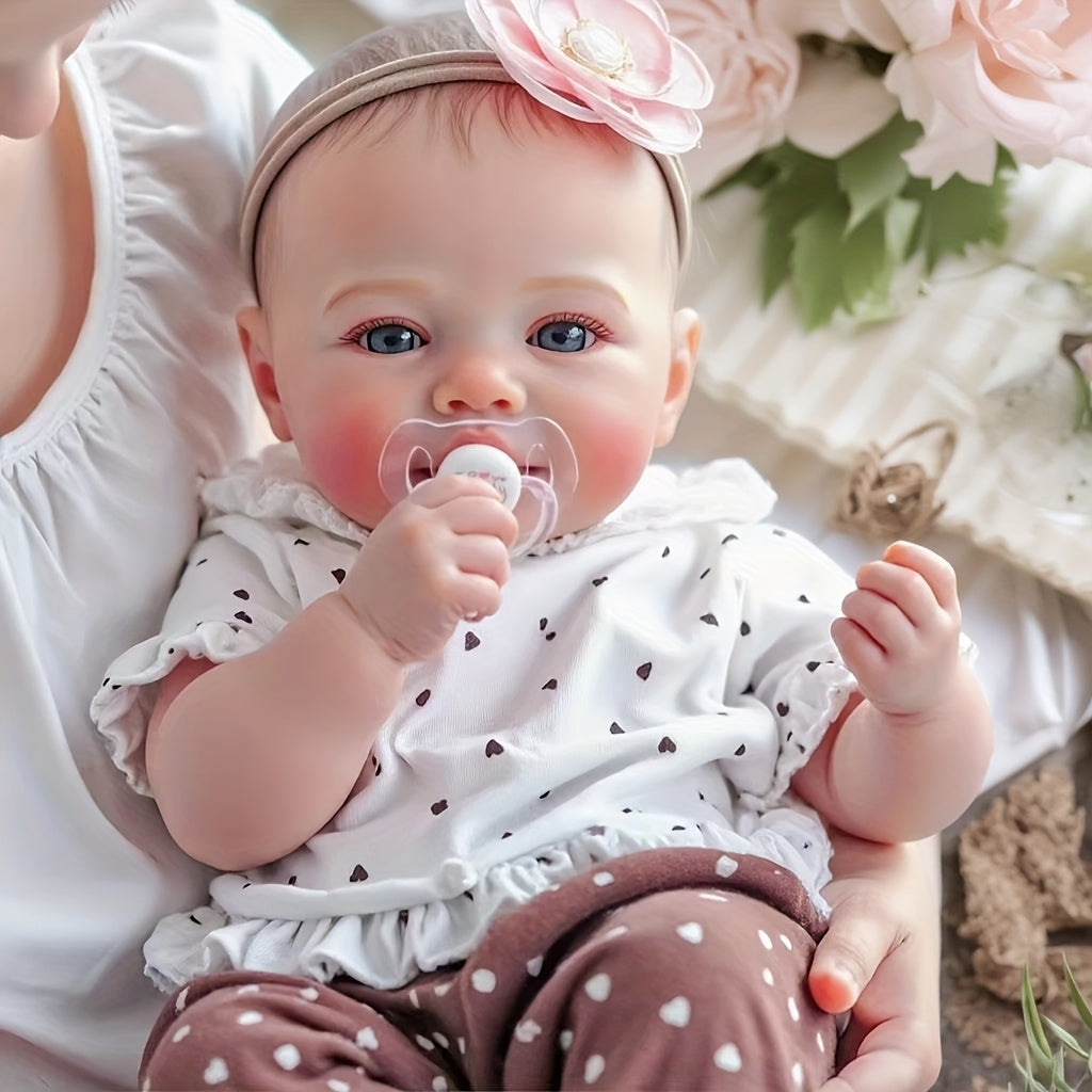 18-inch Realistic Vinyl Little Heart Print Top Meadow Handmade Open-Eyed Reborn Doll, Cloth Body Simulation Doll, Hand-Painted Hair, Companion Collectible Toy, Ideal Easter\u002F\u002FBirthday Gift Collection (Includes Random Pacifier, Bottle, and Diaper)