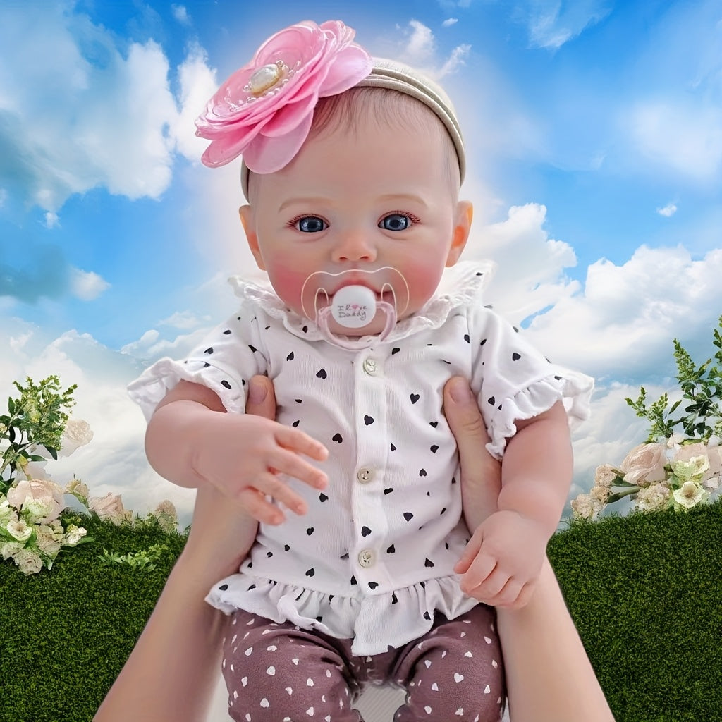 18-inch Realistic Vinyl Little Heart Print Top Meadow Handmade Open-Eyed Reborn Doll, Cloth Body Simulation Doll, Hand-Painted Hair, Companion Collectible Toy, Ideal Easter\u002F\u002FBirthday Gift Collection (Includes Random Pacifier, Bottle, and Diaper)