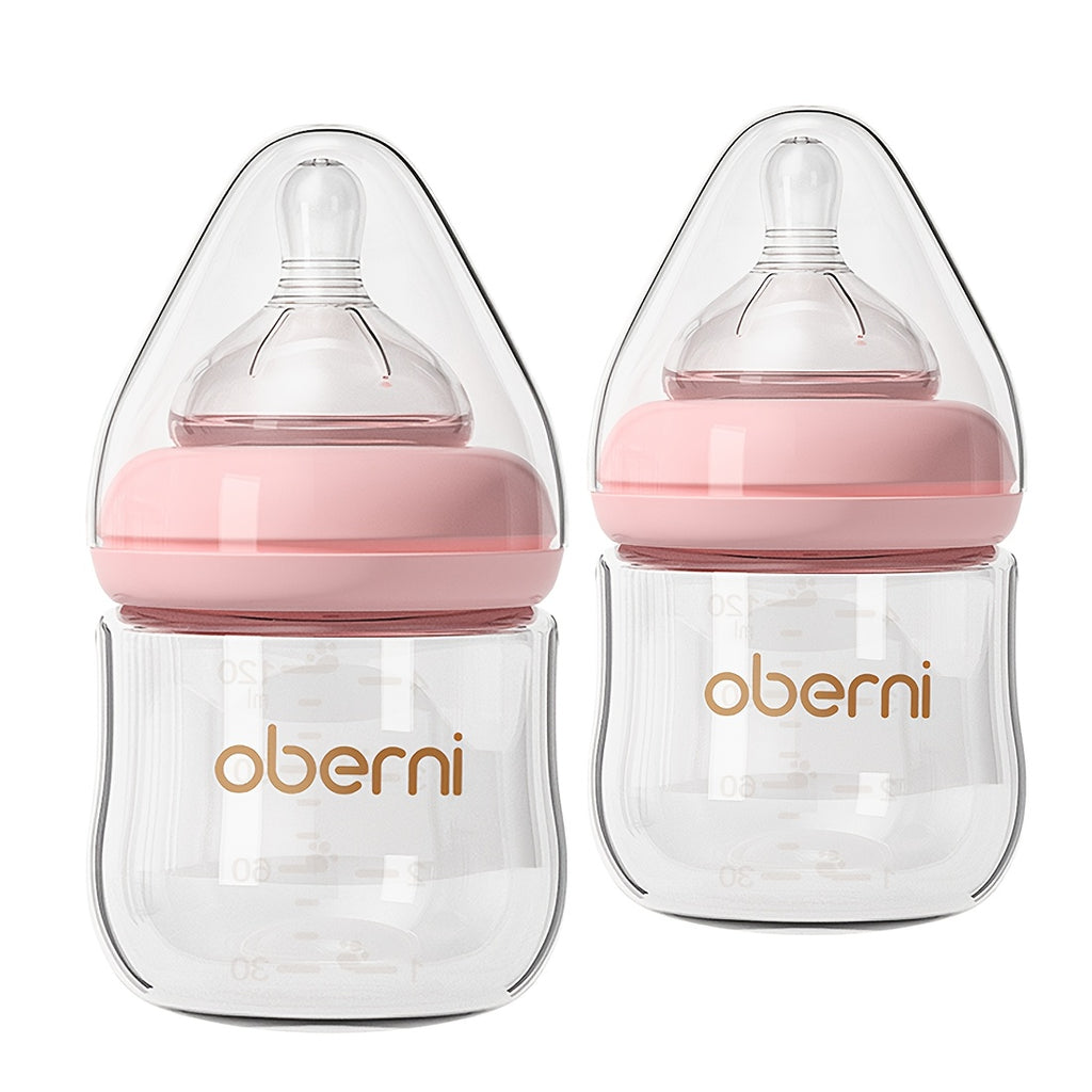 Oberni Anti-Colic 4oz\u002F 120ml BPA Free Glass Baby Bottles, 0+ Months, Slow Flow Breast-Like Nipple, Designed For Seamless Transition Between Bottle & Breast, Blue\u002FGreen\u002FPink, Pack Of 2\u002F3