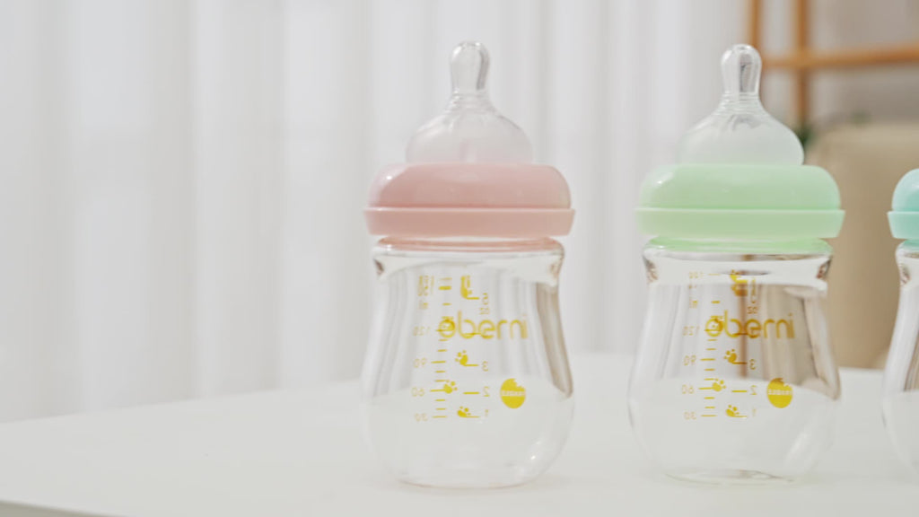 Oberni Anti-Colic 4oz\u002F 120ml BPA Free Glass Baby Bottles, 0+ Months, Slow Flow Breast-Like Nipple, Designed For Seamless Transition Between Bottle & Breast, Blue\u002FGreen\u002FPink, Pack Of 2\u002F3