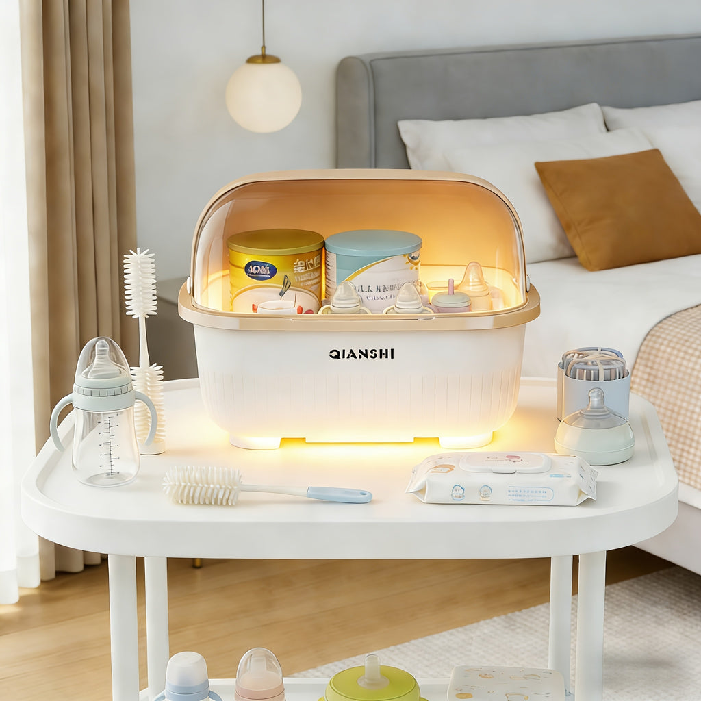 Baby Bottle Storage Box with Lid, Large Capacity Drainage Rack for Baby Feeding Supplies & Tableware