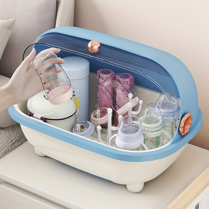 A Feeding Essentials Bottle Storage Box with Lid, a Countertop Storage Box with a Drain Rack, Suitable for Draining and Bottles and Nipples, Utensils, and Food Supplements, Feeding Storage | Transparent Storage Box | Detachable Draining Tray