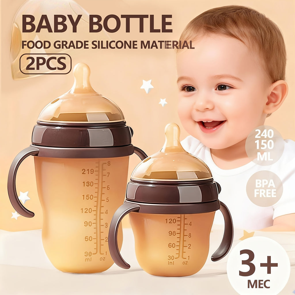 2pcs Baby Bottles Suitable for Newborns & - Food-Grade Silicone with -Collapsible Weighted Straw, Wide Mouth Nipple, -Leak inverted Design & Non-Spill Spout - Feeding Bottles, Ideal for Breastfeeding and Formula
