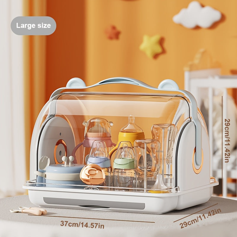 Children's Bottle Storage Box with Lid, Dustproof Cup Drainage Rack, Baby Bowl and Utensil Storage Container, Large Capacity Organizer