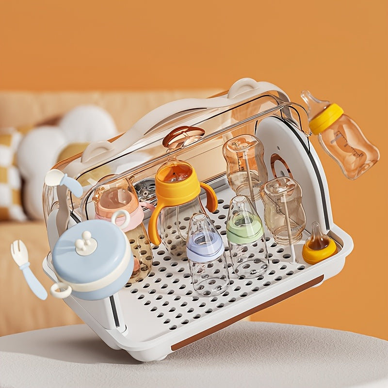 Children's Bottle Storage Box with Lid, Dustproof Cup Drainage Rack, Baby Bowl and Utensil Storage Container, Large Capacity Organizer