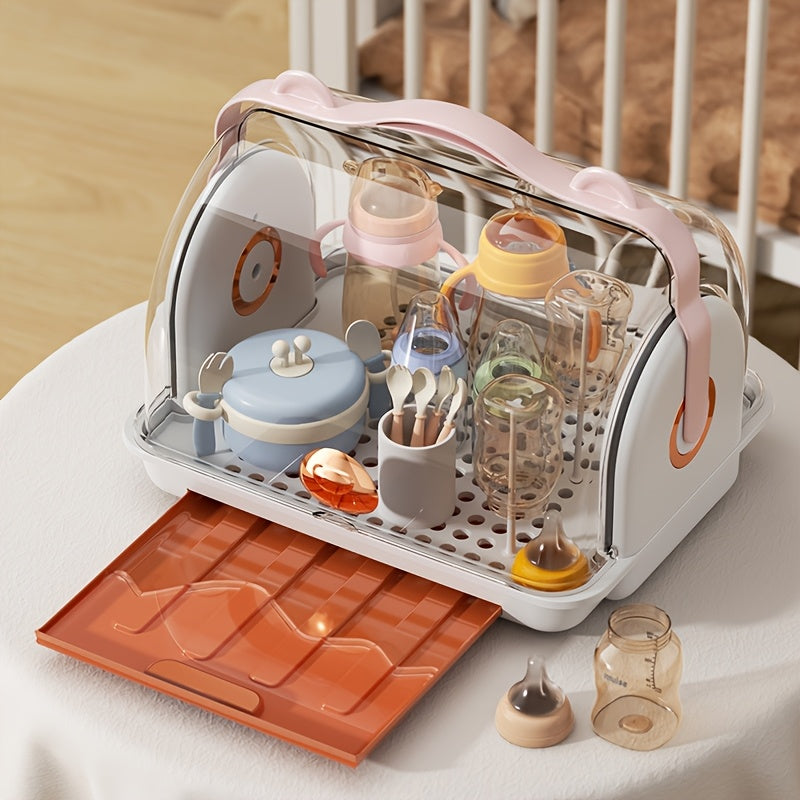 Children's Bottle Storage Box with Lid, Dustproof Cup Drainage Rack, Baby Bowl and Utensil Storage Container, Large Capacity Organizer