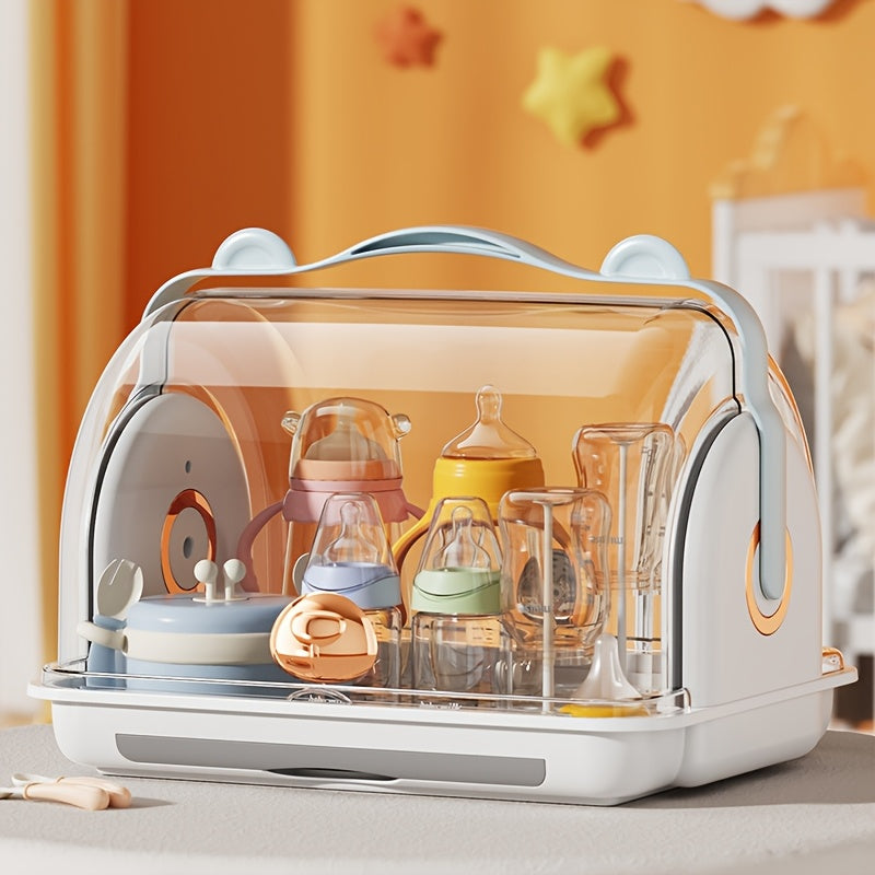 Children's Bottle Storage Box with Lid, Dustproof Cup Drainage Rack, Baby Bowl and Utensil Storage Container, Large Capacity Organizer