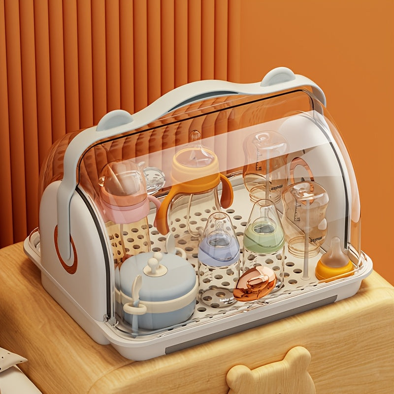 Children's Bottle Storage Box with Lid, Dustproof Cup Drainage Rack, Baby Bowl and Utensil Storage Container, Large Capacity Organizer