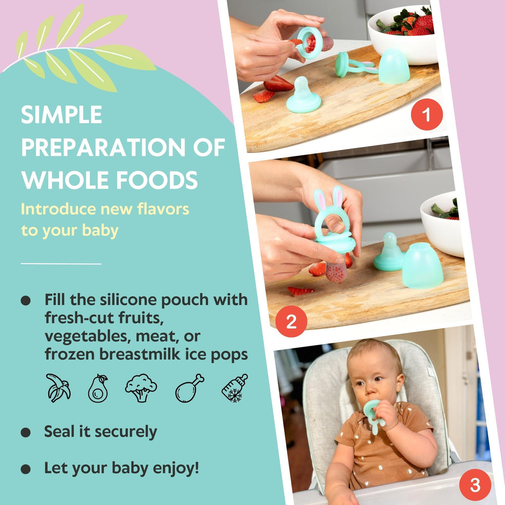 Vesta Baby Fruit Feeder - 2 Sizes Soft Silicone Freezable Fresh Food Nibbler For Safe Infant Self Feeding - Solid Foods Weaning Pacifier & Teether Set - Bunny Teething Toy For Babies 4M+