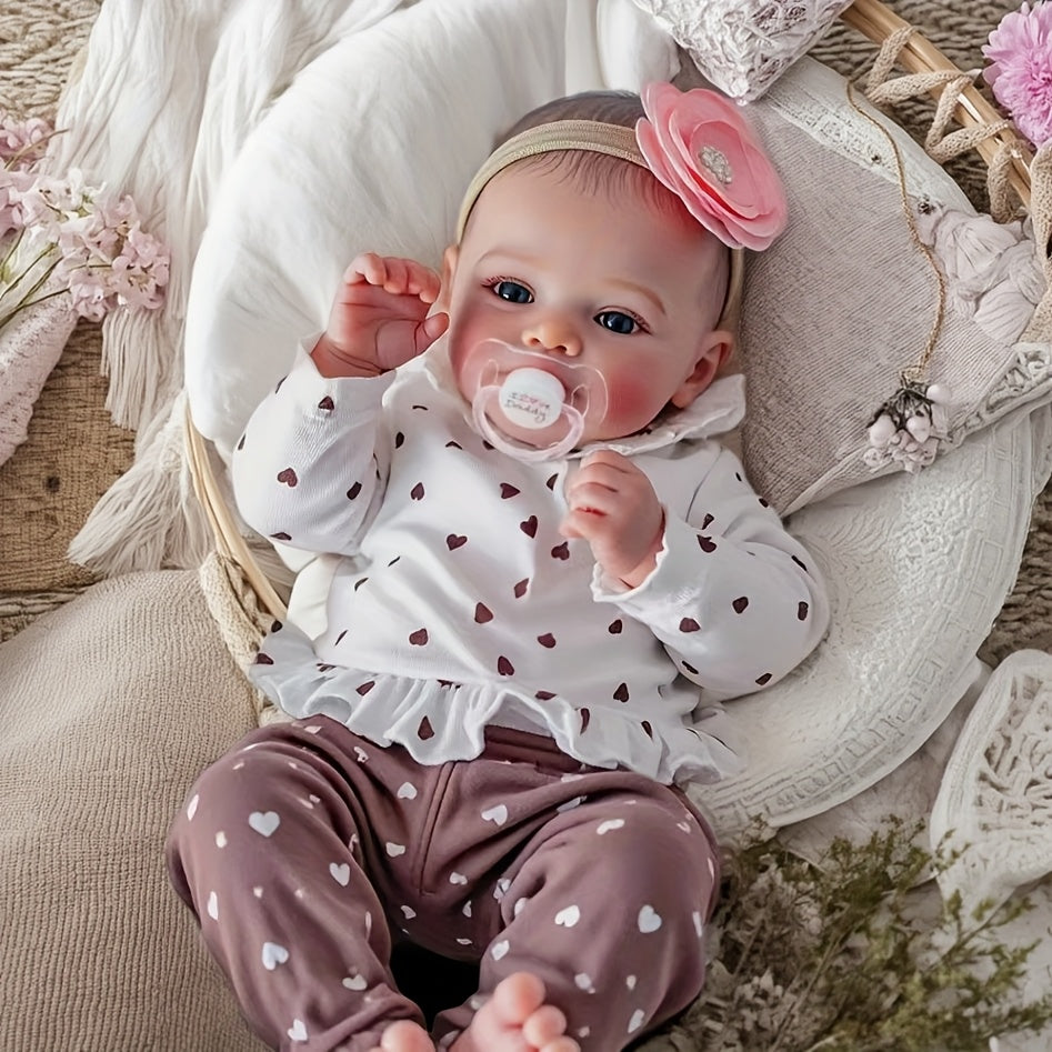 18-inch Realistic Vinyl Little Heart Print Top Meadow Handmade Open-Eyed Reborn Doll, Cloth Body Simulation Doll, Hand-Painted Hair, Companion Collectible Toy, Ideal Easter\u002F\u002FBirthday Gift Collection (Includes Random Pacifier, Bottle, and Diaper)