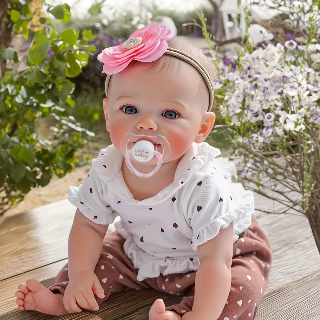 18-inch Realistic Vinyl Little Heart Print Top Meadow Handmade Open-Eyed Reborn Doll, Cloth Body Simulation Doll, Hand-Painted Hair, Companion Collectible Toy, Ideal Easter\u002F\u002FBirthday Gift Collection (Includes Random Pacifier, Bottle, and Diaper)