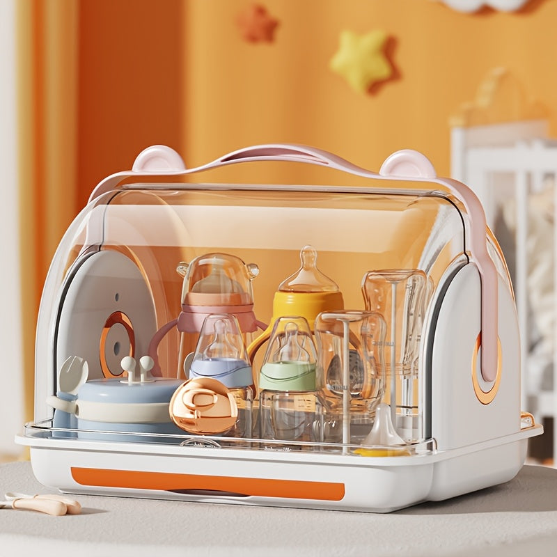 Children's Bottle Storage Box with Lid, Dustproof Cup Drainage Rack, Baby Bowl and Utensil Storage Container, Large Capacity Organizer