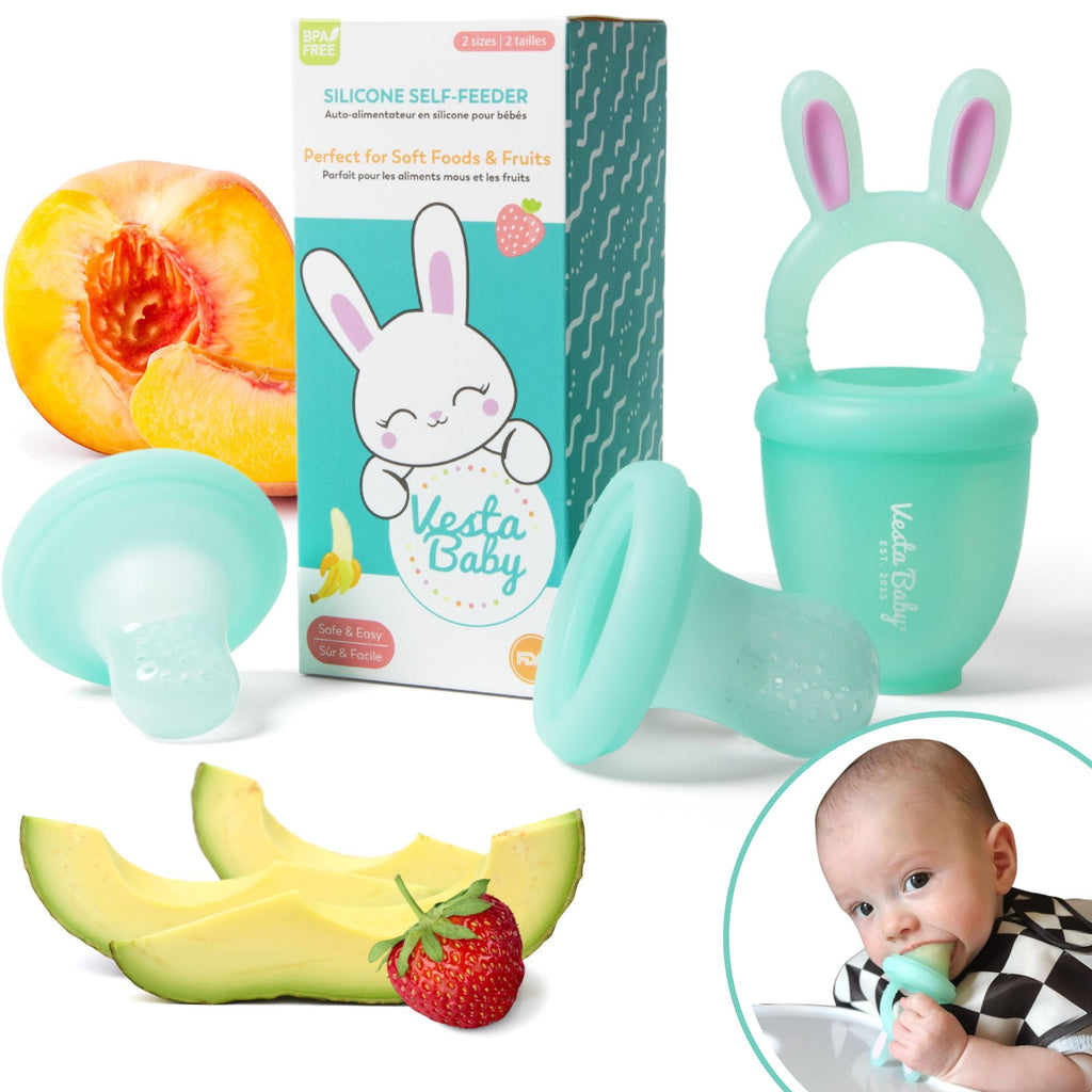 Vesta Baby Fruit Feeder - 2 Sizes Soft Silicone Freezable Fresh Food Nibbler For Safe Infant Self Feeding - Solid Foods Weaning Pacifier & Teether Set - Bunny Teething Toy For Babies 4M+