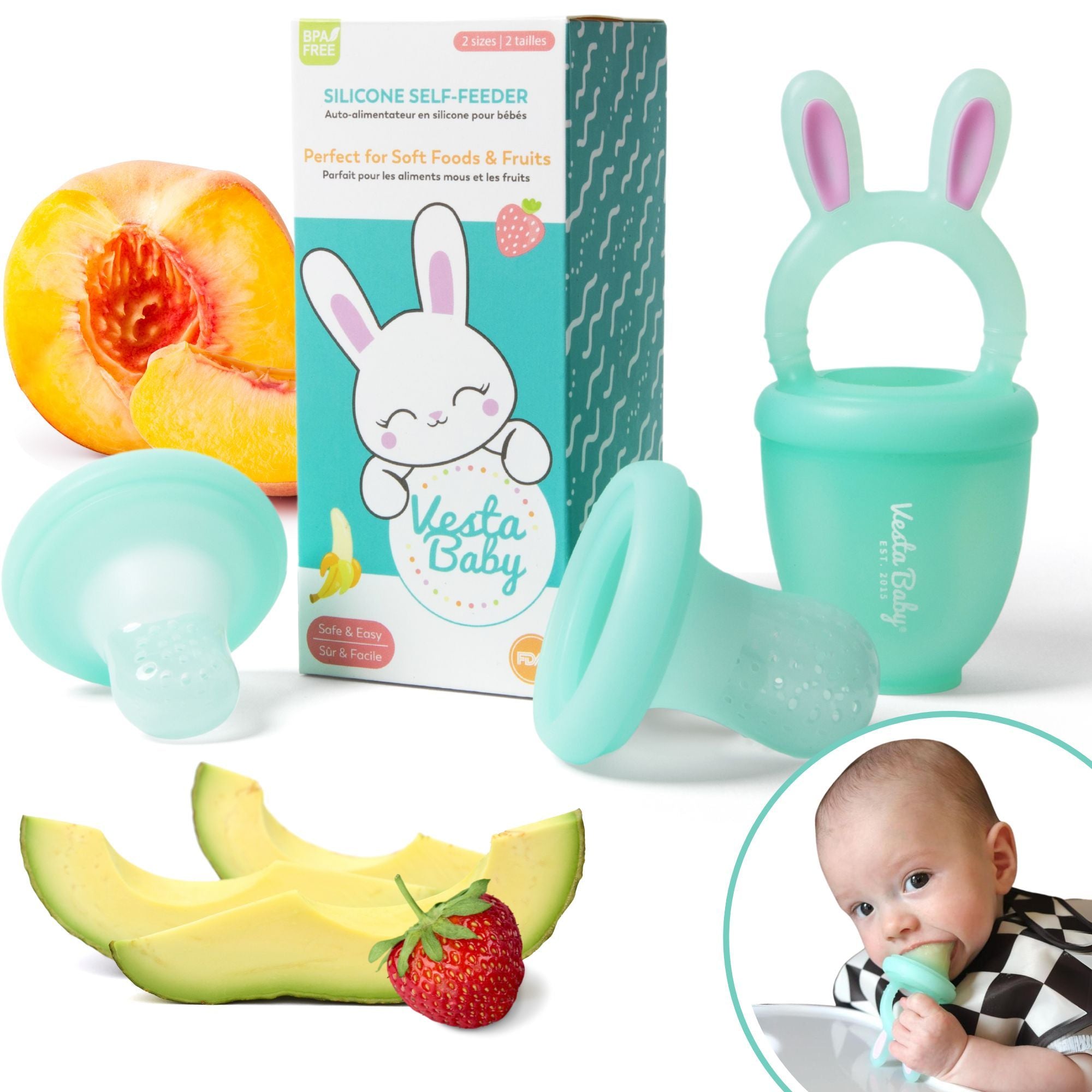 Vesta Baby Fruit Feeder - 2 Sizes Soft Silicone Freezable Fresh Food Nibbler For Safe Infant Self Feeding - Solid Foods Weaning Pacifier & Teether Set - Bunny Teething Toy For Babies 4M+