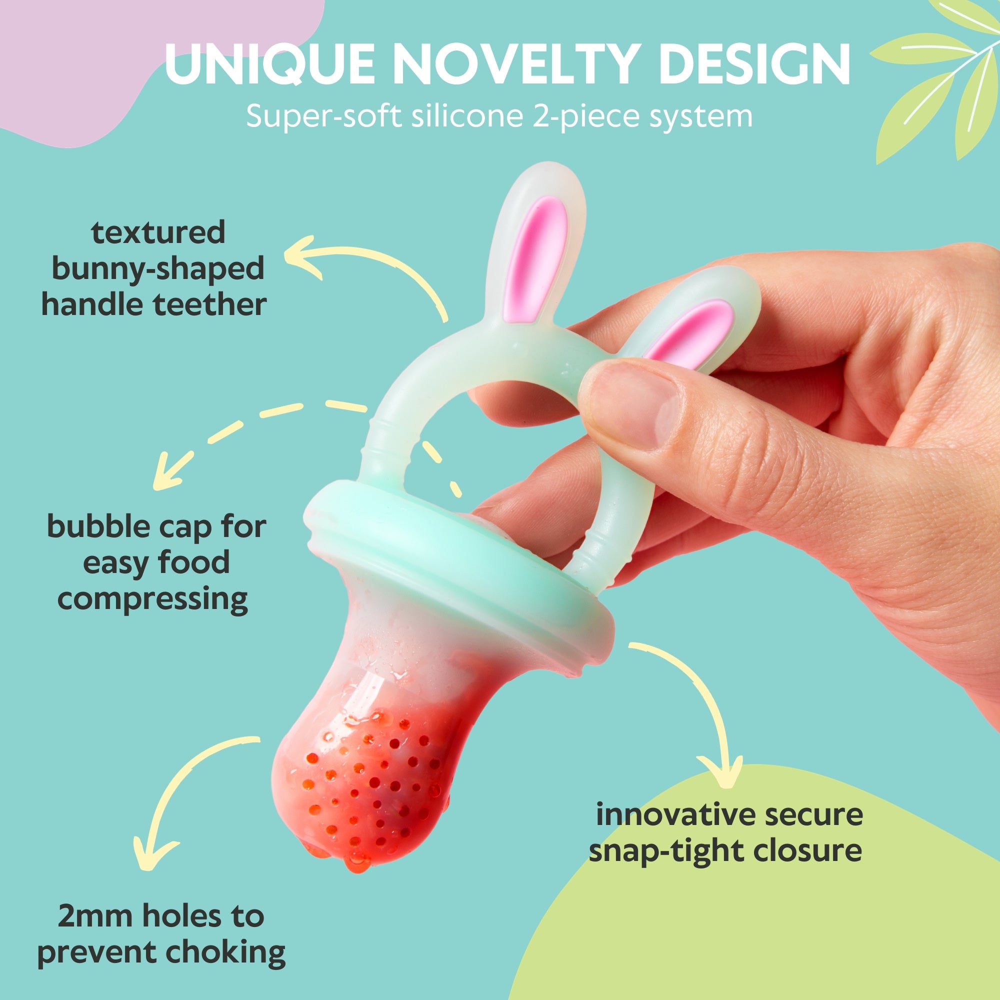 Vesta Baby Fruit Feeder - 2 Sizes Soft Silicone Freezable Fresh Food Nibbler For Safe Infant Self Feeding - Solid Foods Weaning Pacifier & Teether Set - Bunny Teething Toy For Babies 4M+