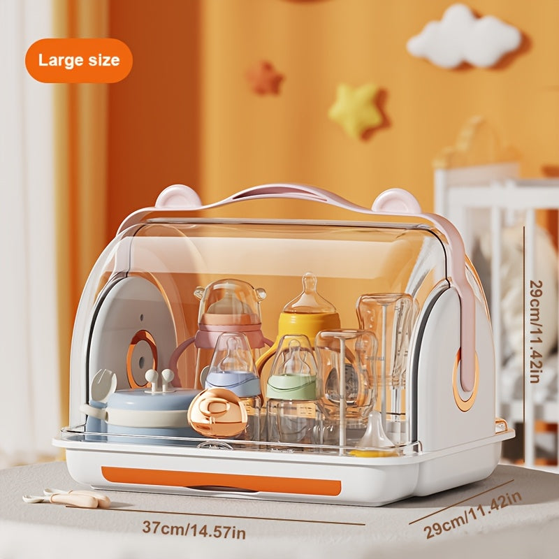 Children's Bottle Storage Box with Lid, Dustproof Cup Drainage Rack, Baby Bowl and Utensil Storage Container, Large Capacity Organizer