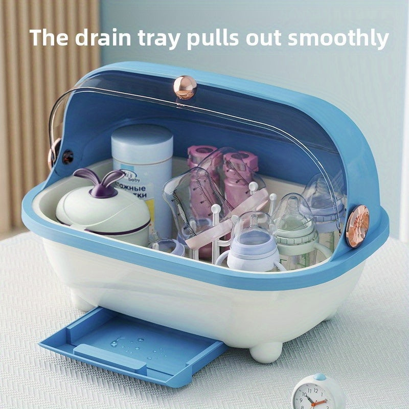 A Feeding Essentials Bottle Storage Box with Lid, a Countertop Storage Box with a Drain Rack, Suitable for Draining and Bottles and Nipples, Utensils, and Food Supplements, Feeding Storage | Transparent Storage Box | Detachable Draining Tray