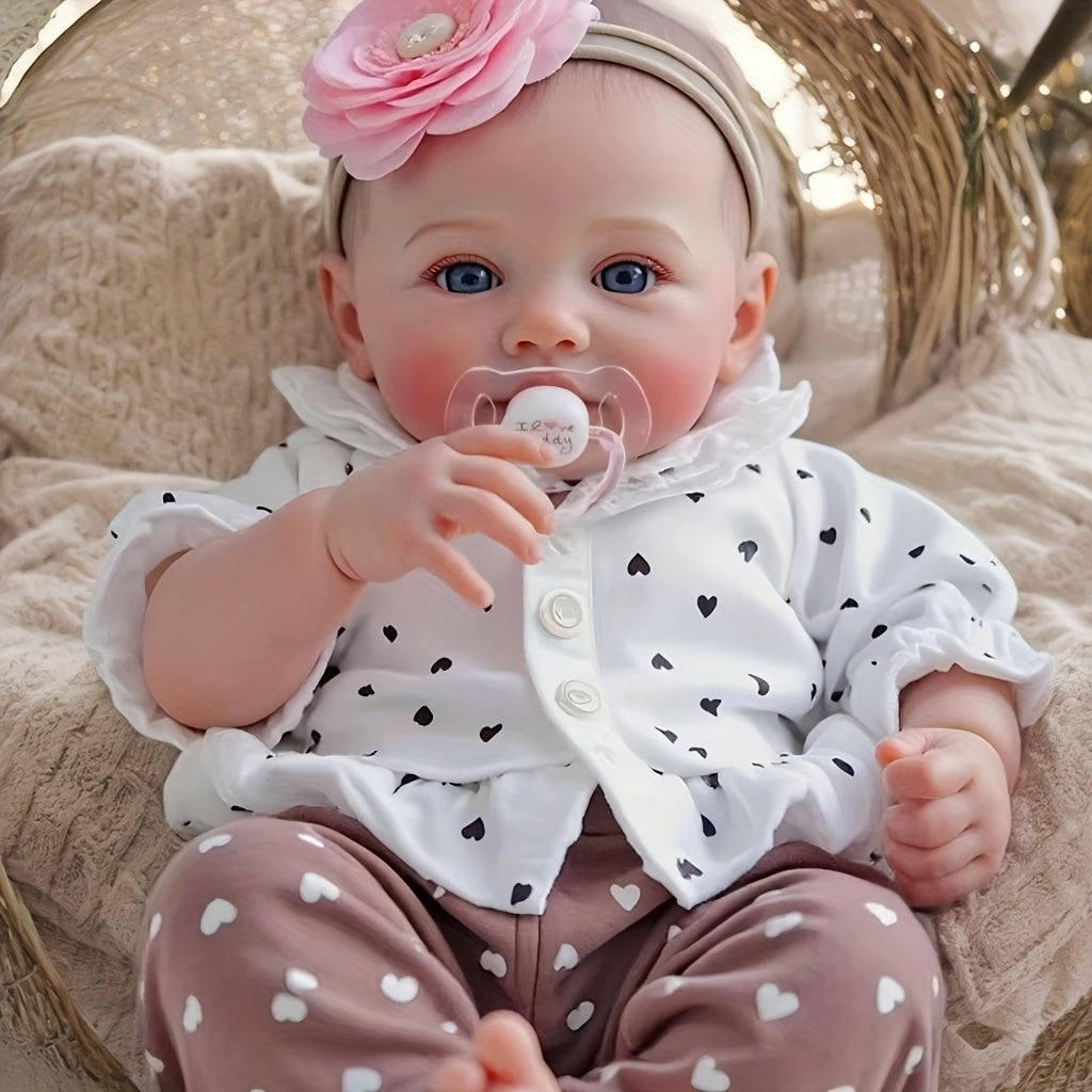 18-inch Realistic Vinyl Little Heart Print Top Meadow Handmade Open-Eyed Reborn Doll, Cloth Body Simulation Doll, Hand-Painted Hair, Companion Collectible Toy, Ideal Easter\u002F\u002FBirthday Gift Collection (Includes Random Pacifier, Bottle, and Diaper)