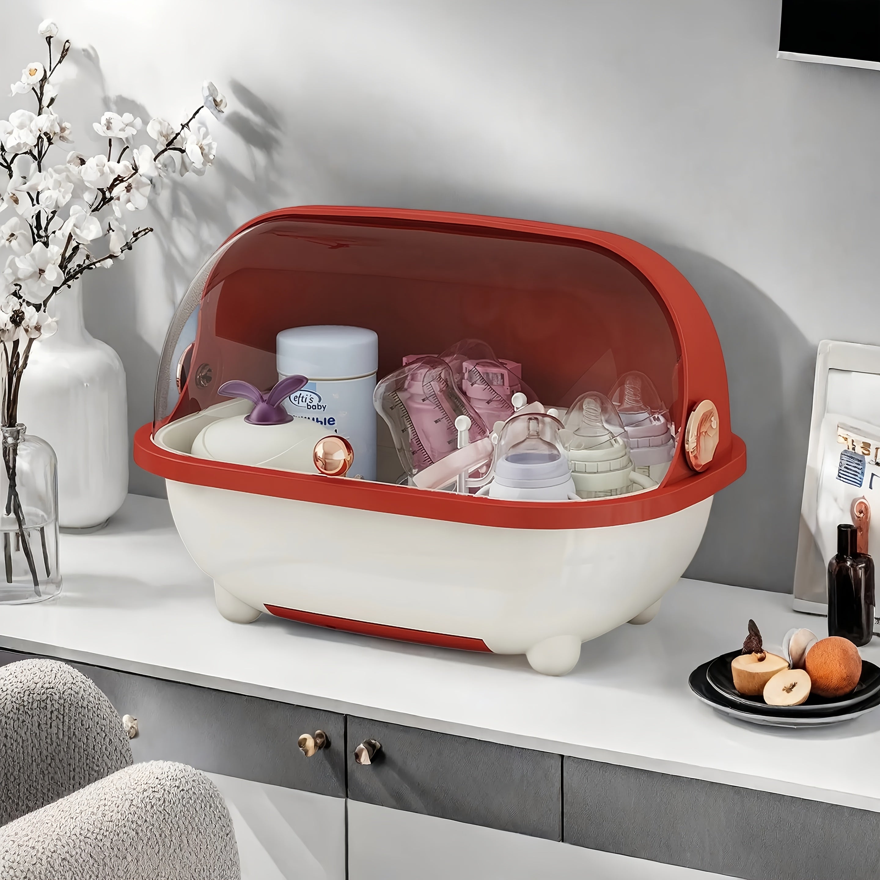 A Feeding Essentials Bottle Storage Box with Lid, a Countertop Storage Box with a Drain Rack, Suitable for Draining and Bottles and Nipples, Utensils, and Food Supplements, Feeding Storage | Transparent Storage Box | Detachable Draining Tray